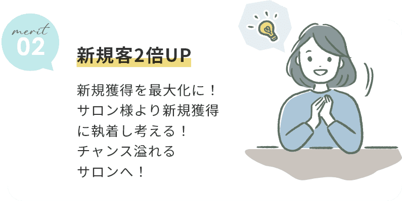 ”新規客2倍UP。新規獲得を最大化に!サロン様より新規獲得に執着し考える!チャンス溢れるサロンへ!”