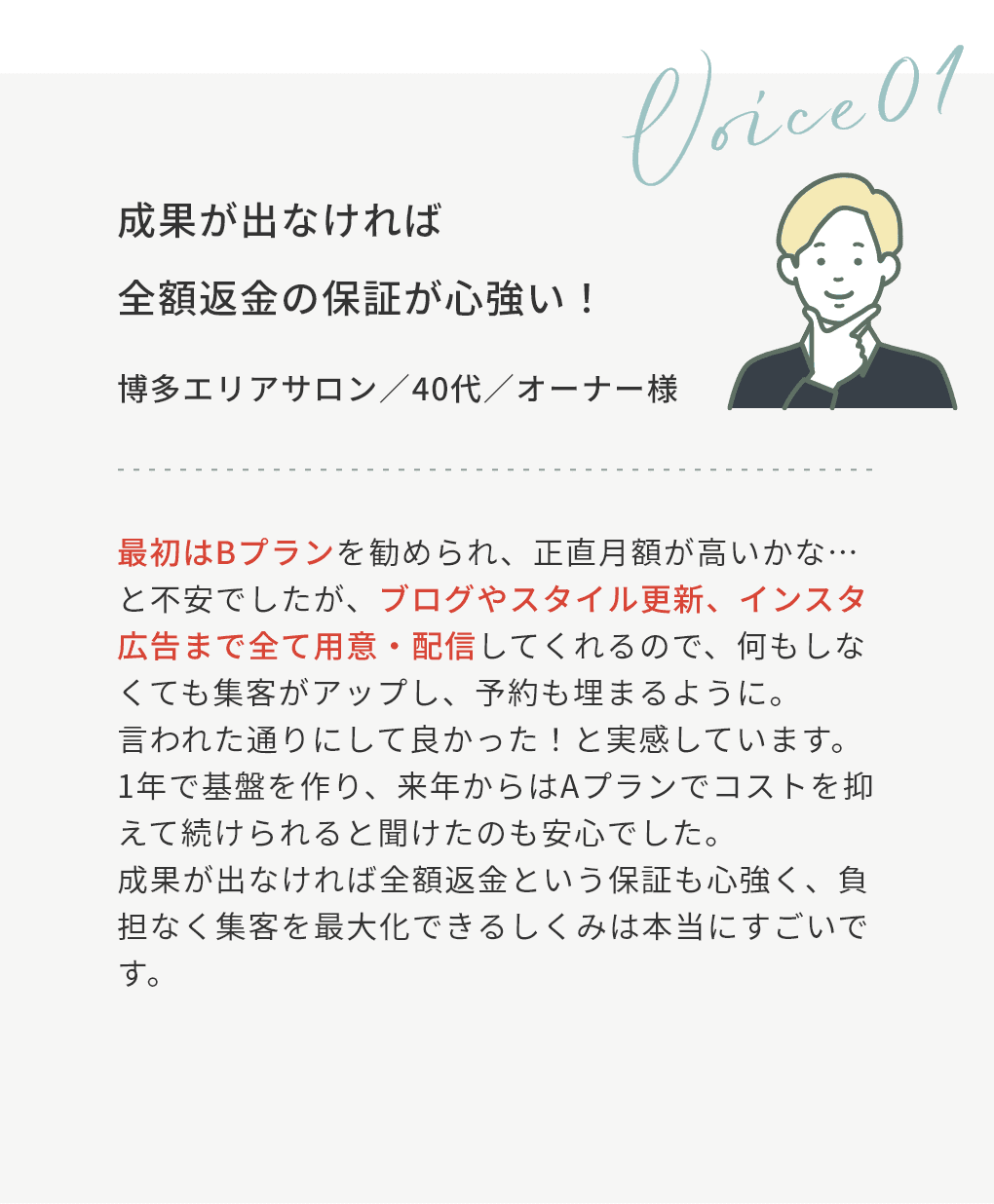 ”成果が出なければ全額返金の保証が心強い！”