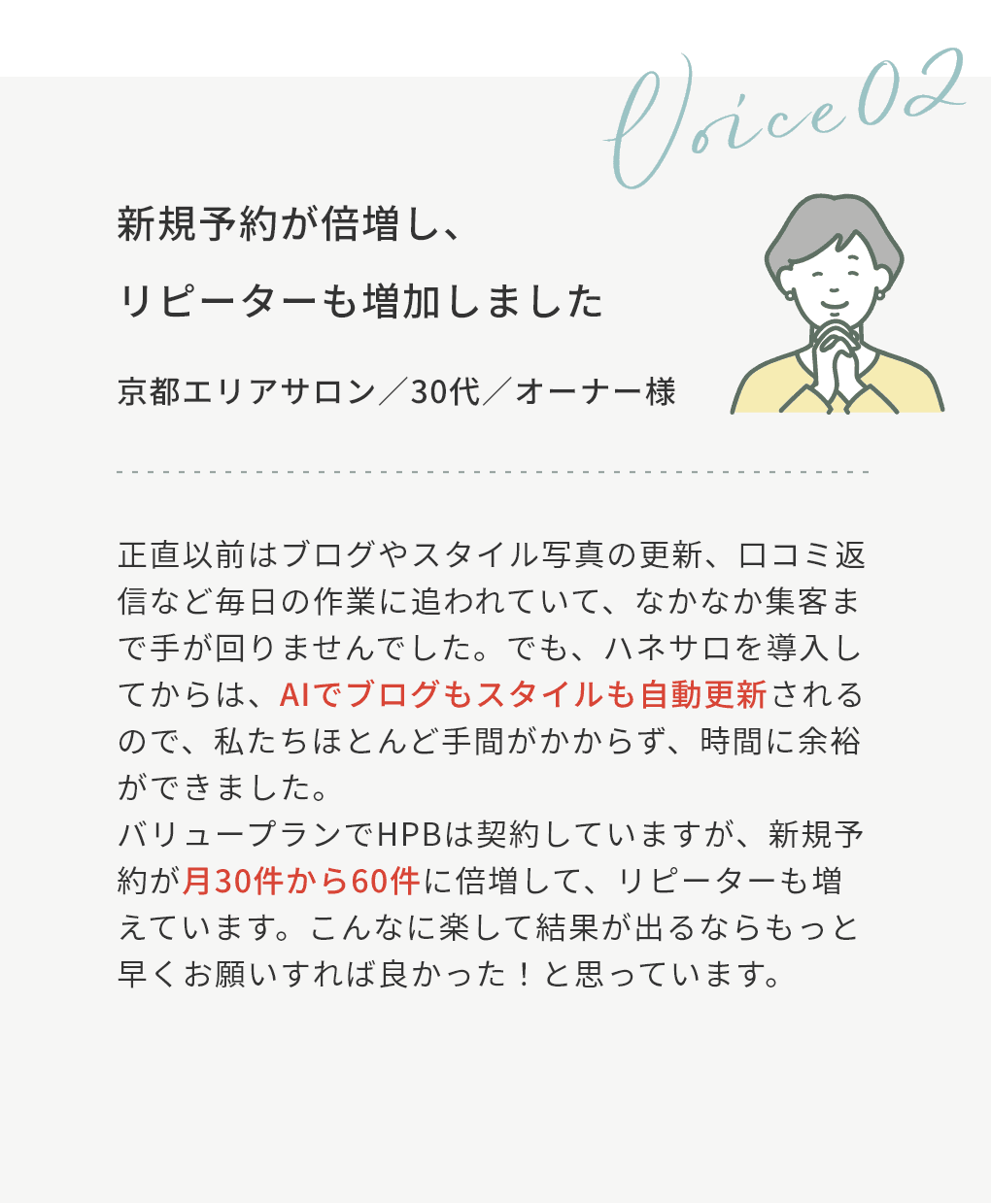 ”新規予約が倍増し、リピーターも増加しました”